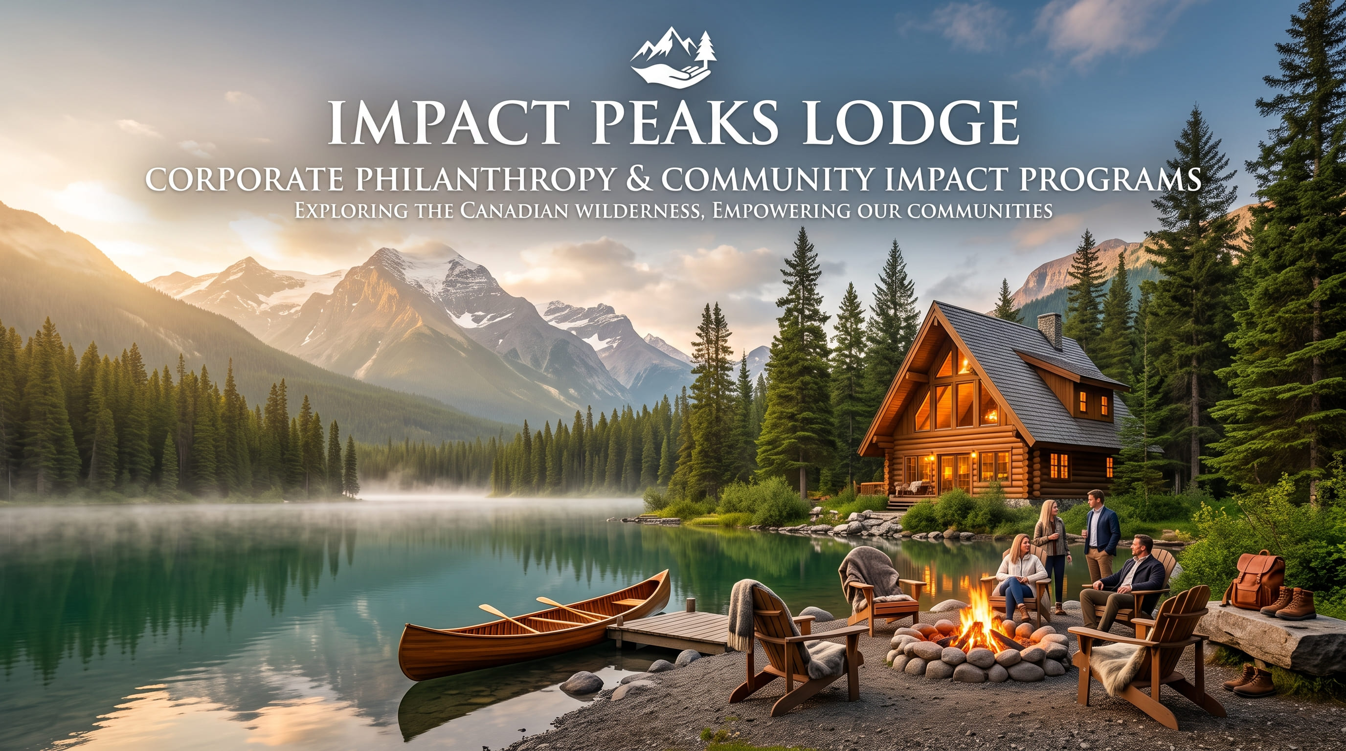 Four adults seated and standing around a campfire on a lakeshore, with a canoe, a timber lodge, and snowy peaks behind them.