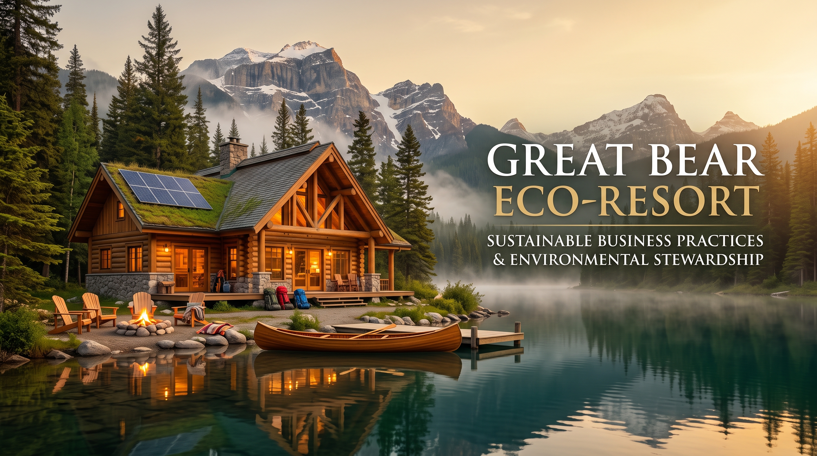 A timber lodge with a living roof and solar panels beside a misty lake, with a canoe at a small dock and rocky peaks behind.